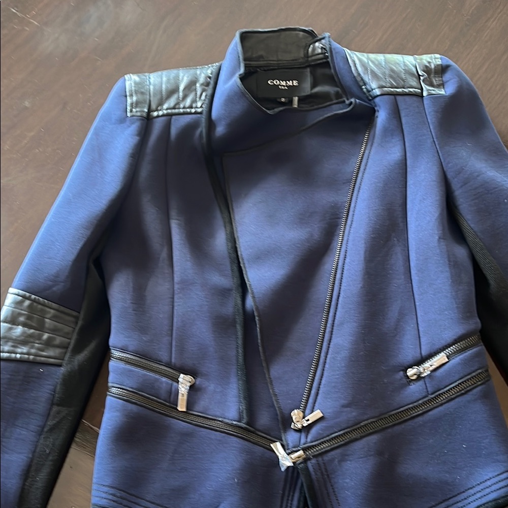 Blue and Black Blazer with Quilted Details and Stand-Up Collar